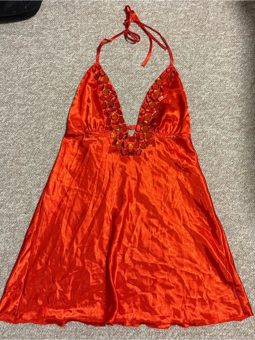 La SENZA Red Satin Halter Mini Dress with Gem Trim